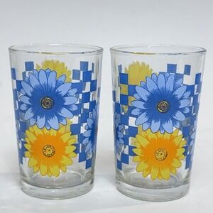 Vintage 80s KIG Indonesia Blue & Yellow Checkered Daisy Juice Glasses Set of 2